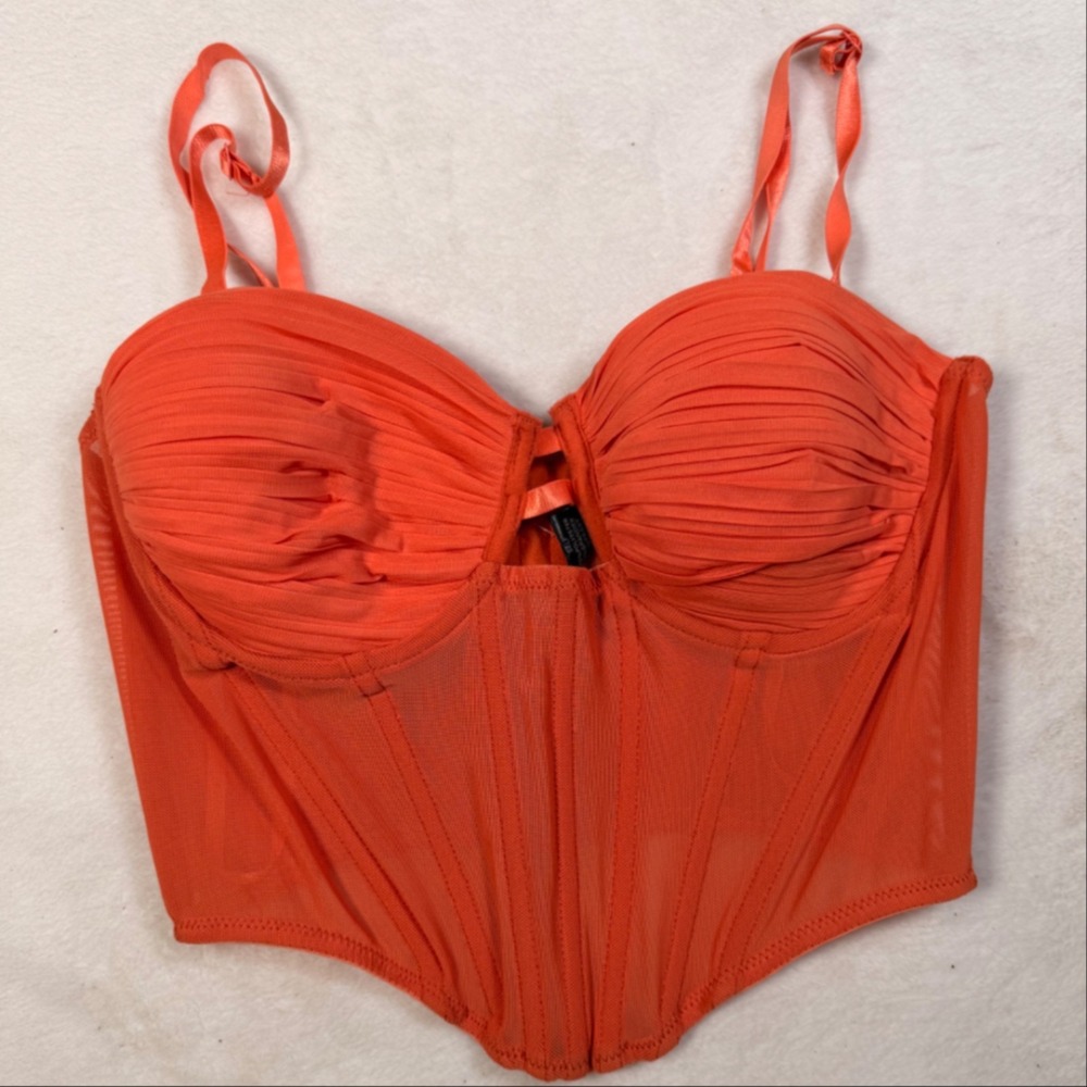 Windsor Corset Top Womens Medium Orange Mesh Boned Bustier Hook & Eye Strappy